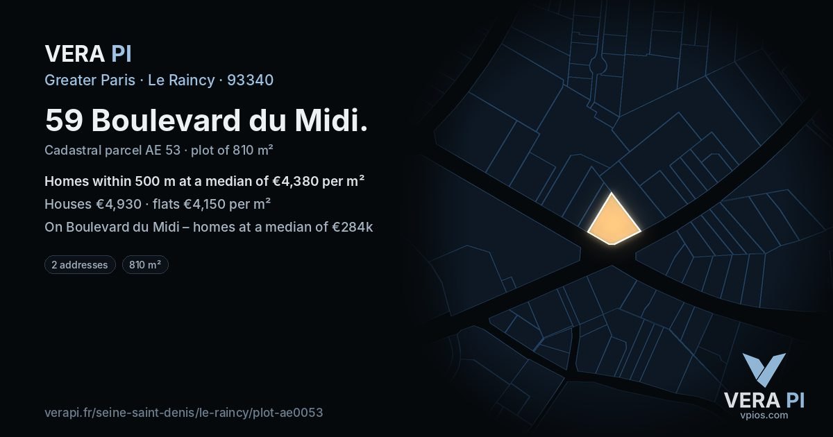 59 Boulevard du Midi, Le Raincy at night – the plot lit, the parcels around coloured by the prices near them