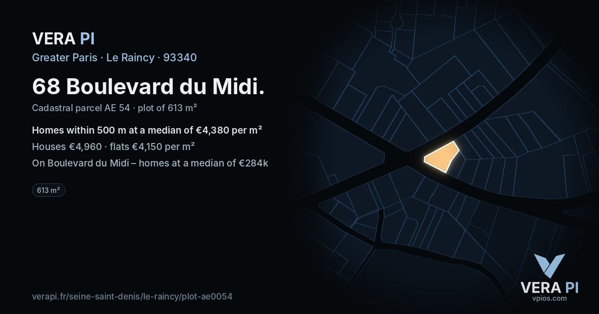 68 Boulevard du Midi, Le Raincy at night – the plot lit, the parcels around coloured by the prices near them