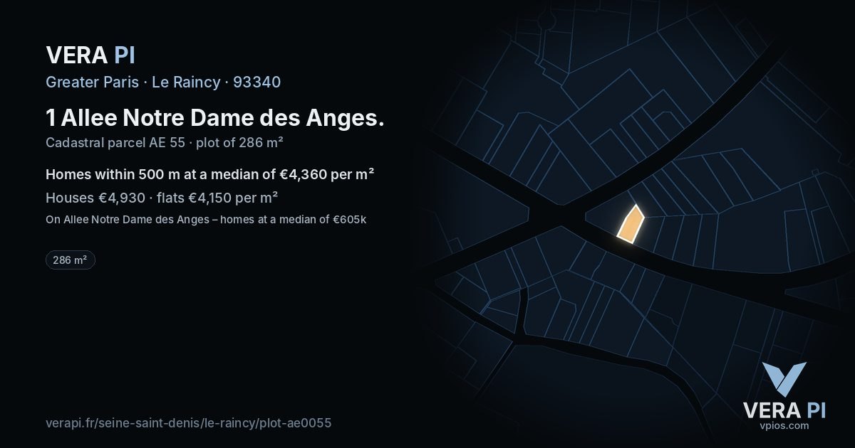 1 Allee Notre Dame des Anges, Le Raincy at night – the plot lit, the parcels around coloured by the prices near them