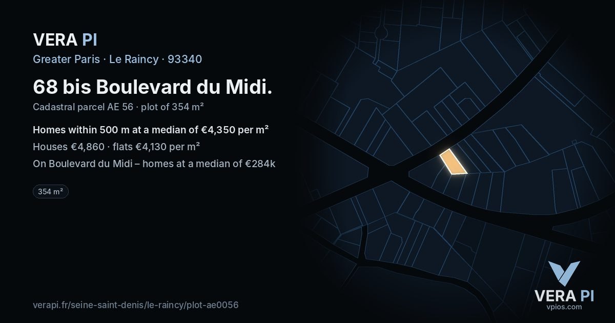 68 bis Boulevard du Midi, Le Raincy at night – the plot lit, the parcels around coloured by the prices near them