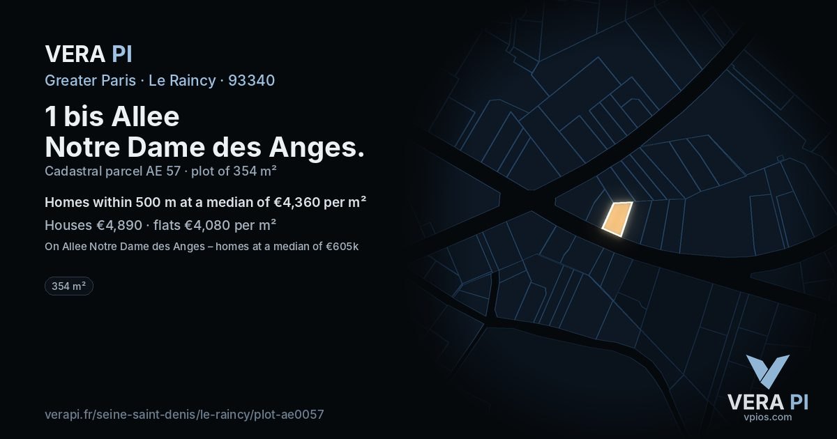 1 bis Allee Notre Dame des Anges, Le Raincy at night – the plot lit, the parcels around coloured by the prices near them