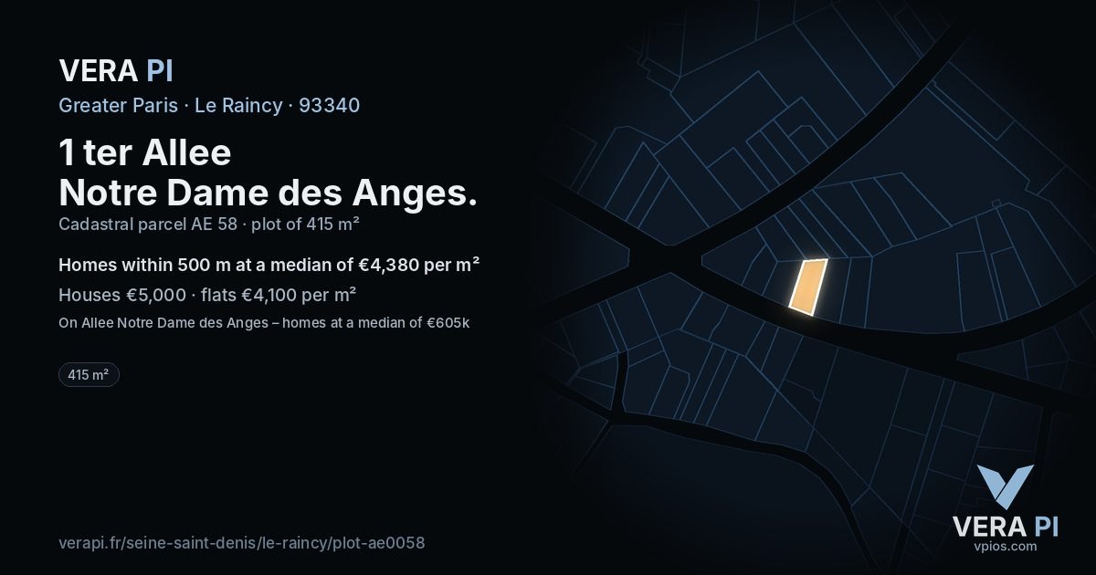 1 ter Allee Notre Dame des Anges, Le Raincy at night – the plot lit, the parcels around coloured by the prices near them