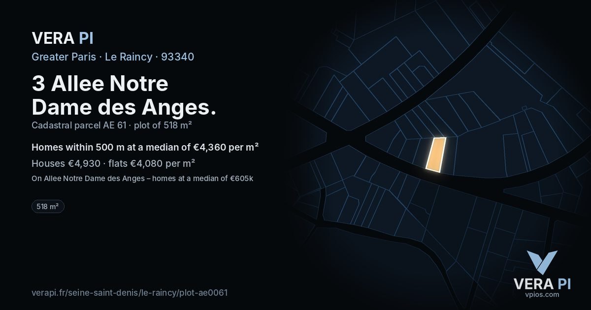 3 Allee Notre Dame des Anges, Le Raincy at night – the plot lit, the parcels around coloured by the prices near them