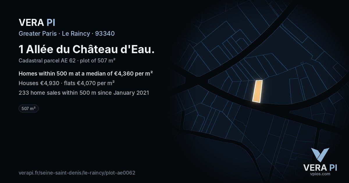 1 Allée du Château d'Eau, Le Raincy at night – the plot lit, the parcels around coloured by the prices near them