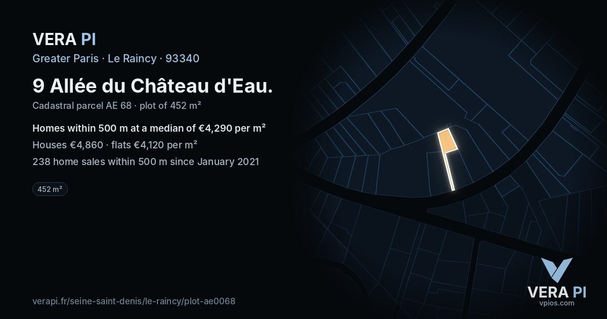 9 Allée du Château d'Eau, Le Raincy at night – the plot lit, the parcels around coloured by the prices near them