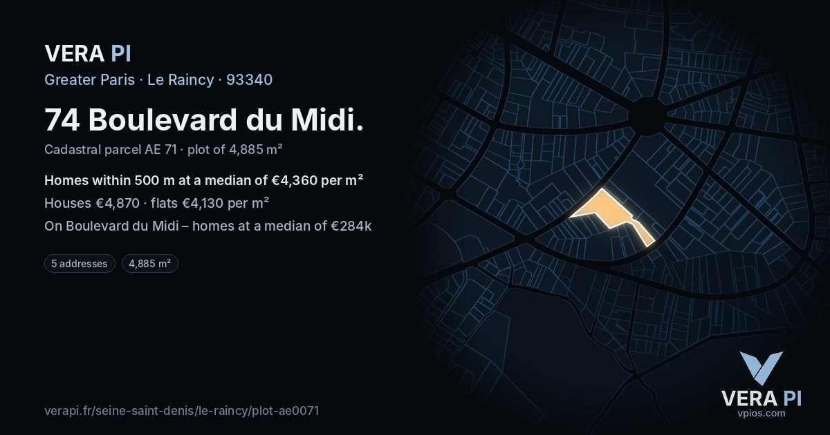 74 Boulevard du Midi, Le Raincy at night – the plot lit, the parcels around coloured by the prices near them