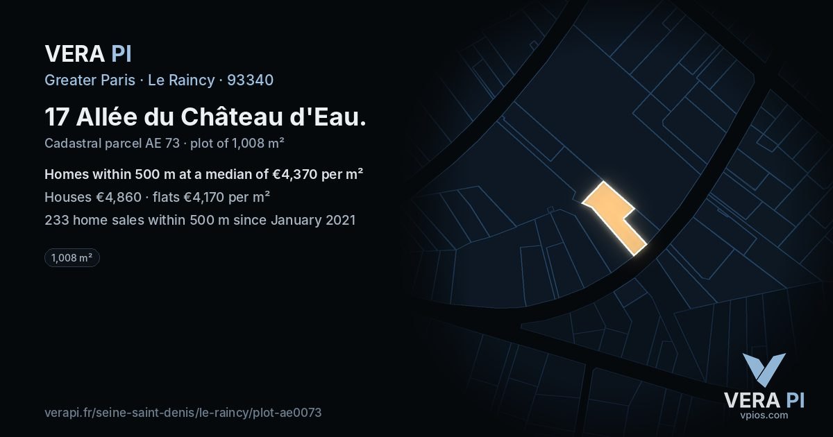 17 Allée du Château d'Eau, Le Raincy at night – the plot lit, the parcels around coloured by the prices near them