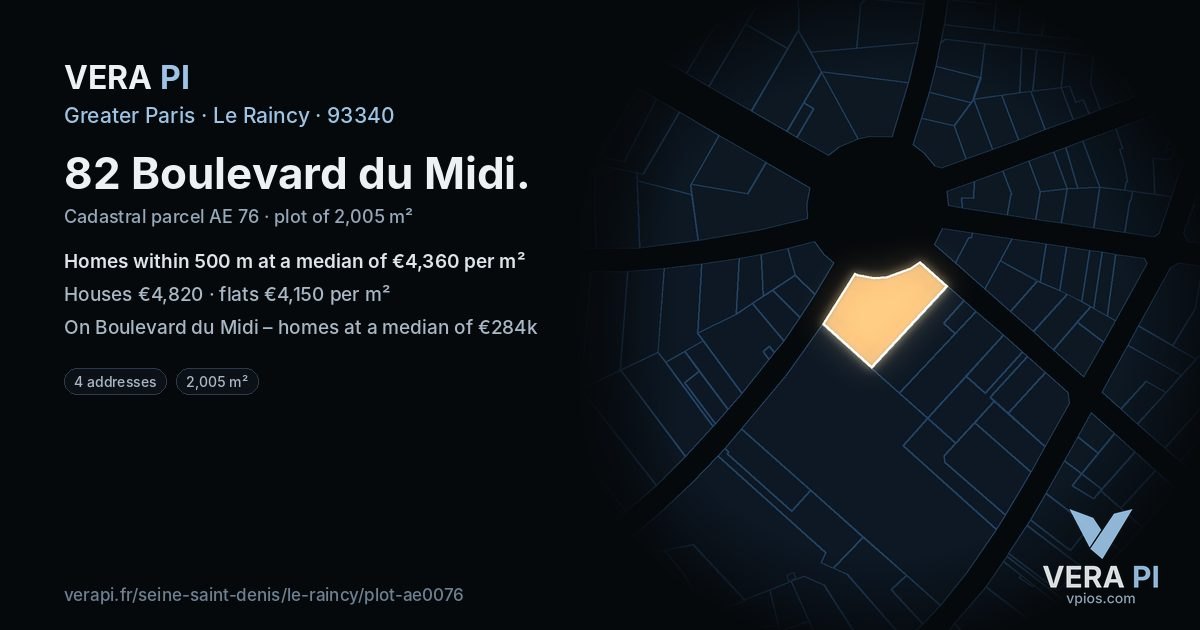 82 Boulevard du Midi, Le Raincy at night – the plot lit, the parcels around coloured by the prices near them