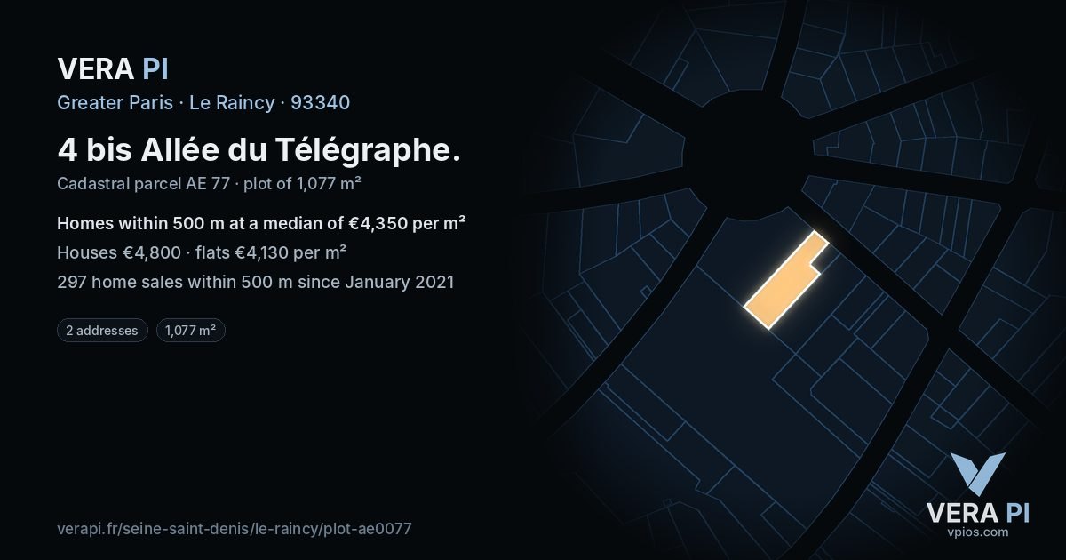 4 bis Allée du Télégraphe, Le Raincy at night – the plot lit, the parcels around coloured by the prices near them