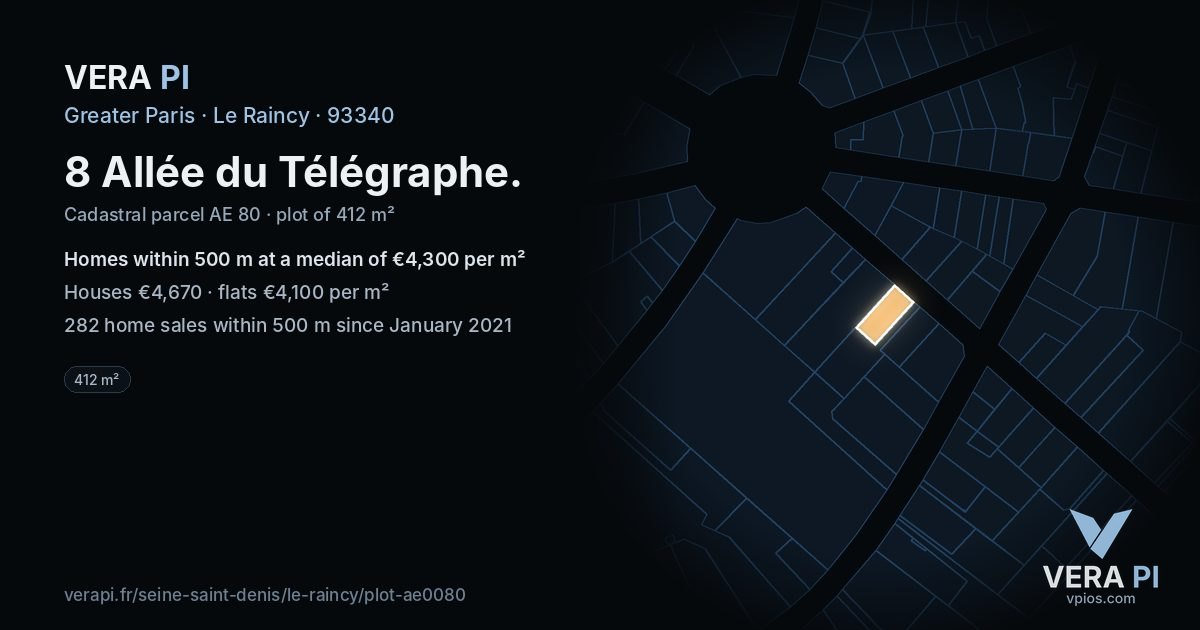 8 Allée du Télégraphe, Le Raincy at night – the plot lit, the parcels around coloured by the prices near them