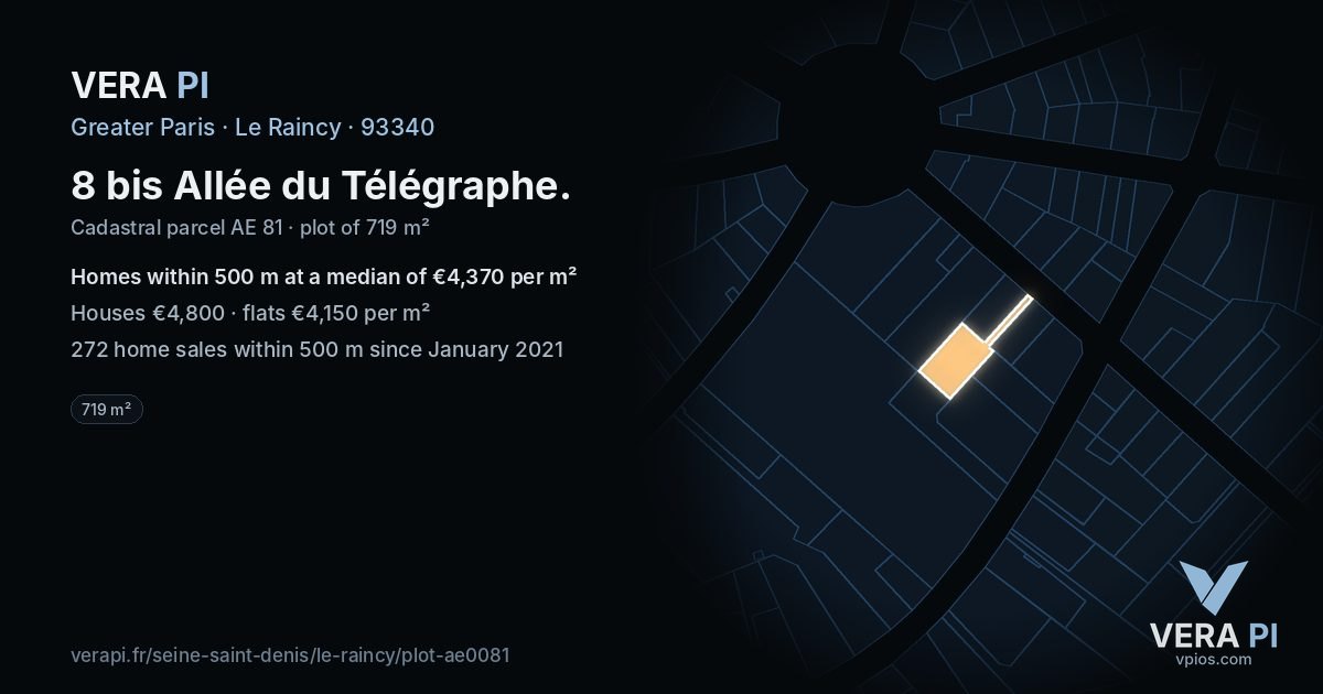 8 bis Allée du Télégraphe, Le Raincy at night – the plot lit, the parcels around coloured by the prices near them