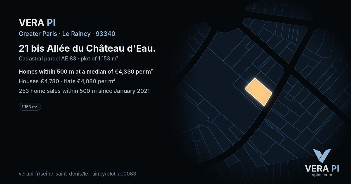 21 bis Allée du Château d'Eau, Le Raincy at night – the plot lit, the parcels around coloured by the prices near them