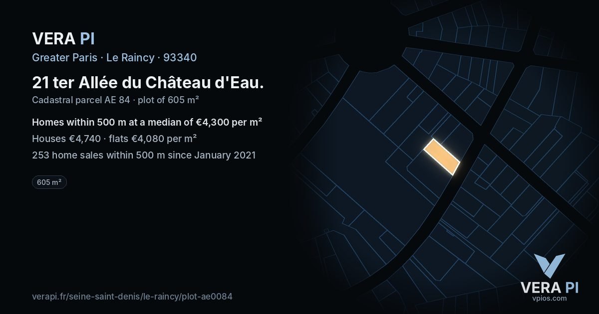 21 ter Allée du Château d'Eau, Le Raincy at night – the plot lit, the parcels around coloured by the prices near them