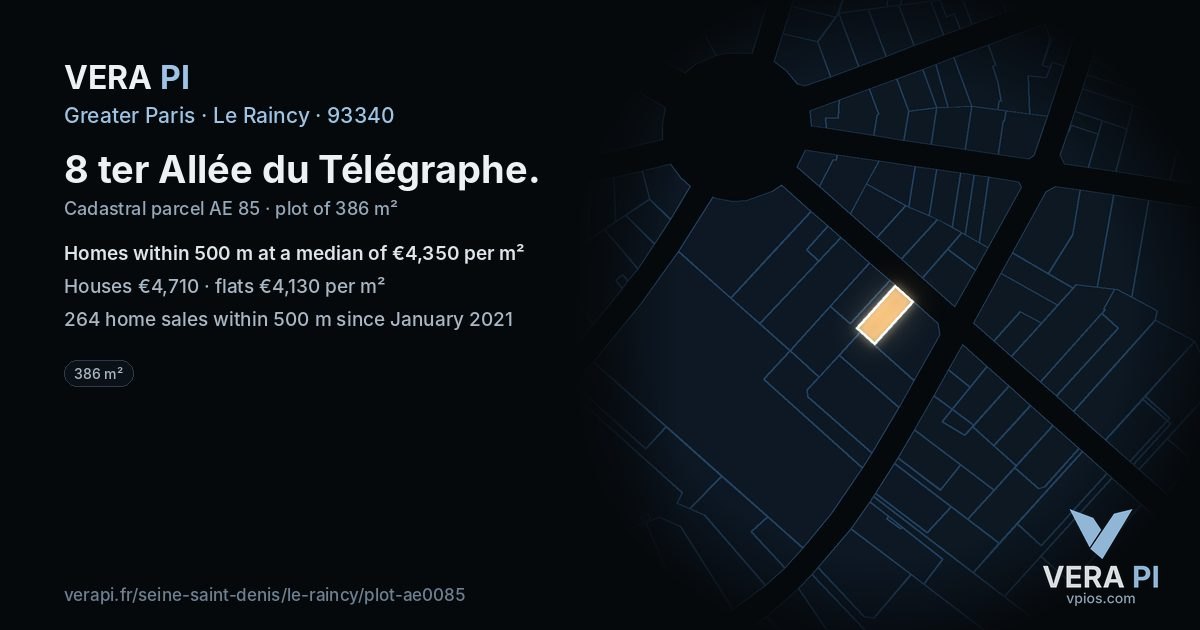 8 ter Allée du Télégraphe, Le Raincy at night – the plot lit, the parcels around coloured by the prices near them