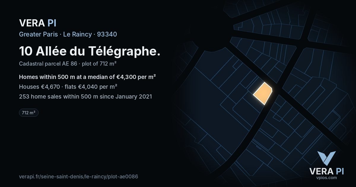 10 Allée du Télégraphe, Le Raincy at night – the plot lit, the parcels around coloured by the prices near them
