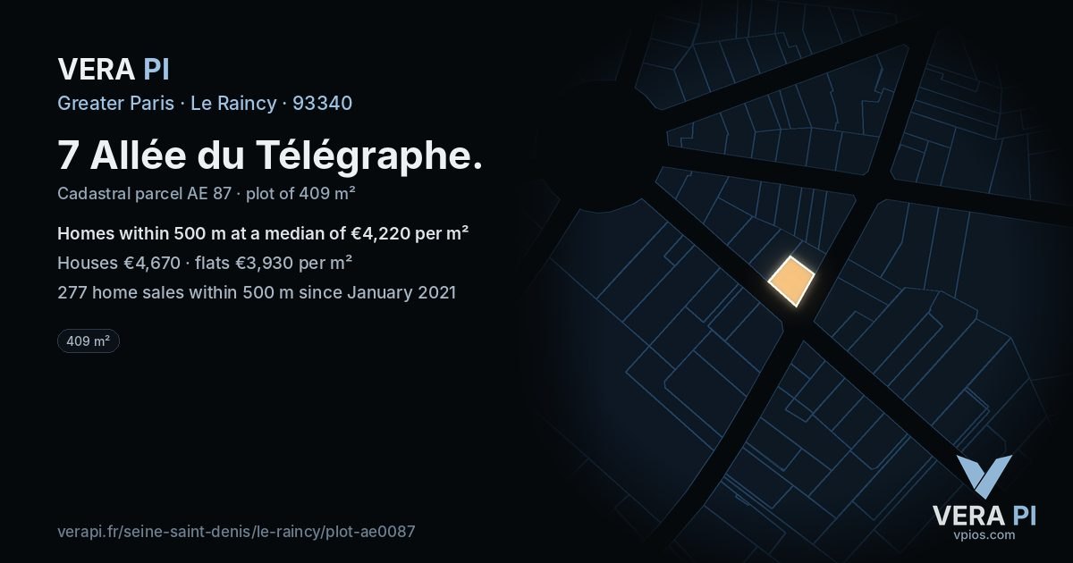 7 Allée du Télégraphe, Le Raincy at night – the plot lit, the parcels around coloured by the prices near them