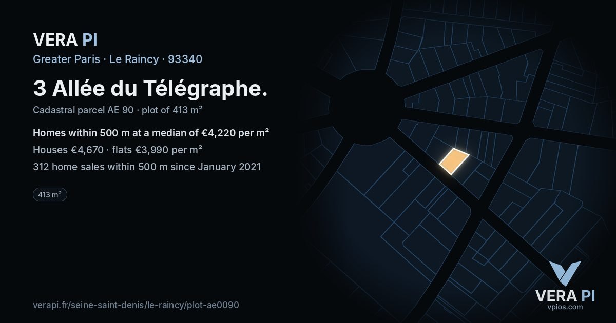 3 Allée du Télégraphe, Le Raincy at night – the plot lit, the parcels around coloured by the prices near them