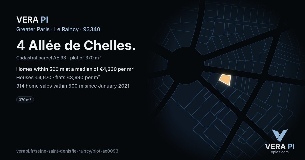 4 Allée de Chelles, Le Raincy at night – the plot lit, the parcels around coloured by the prices near them