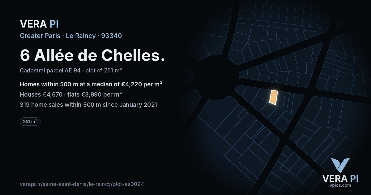 6 Allée de Chelles, Le Raincy at night – the plot lit, the parcels around coloured by the prices near them
