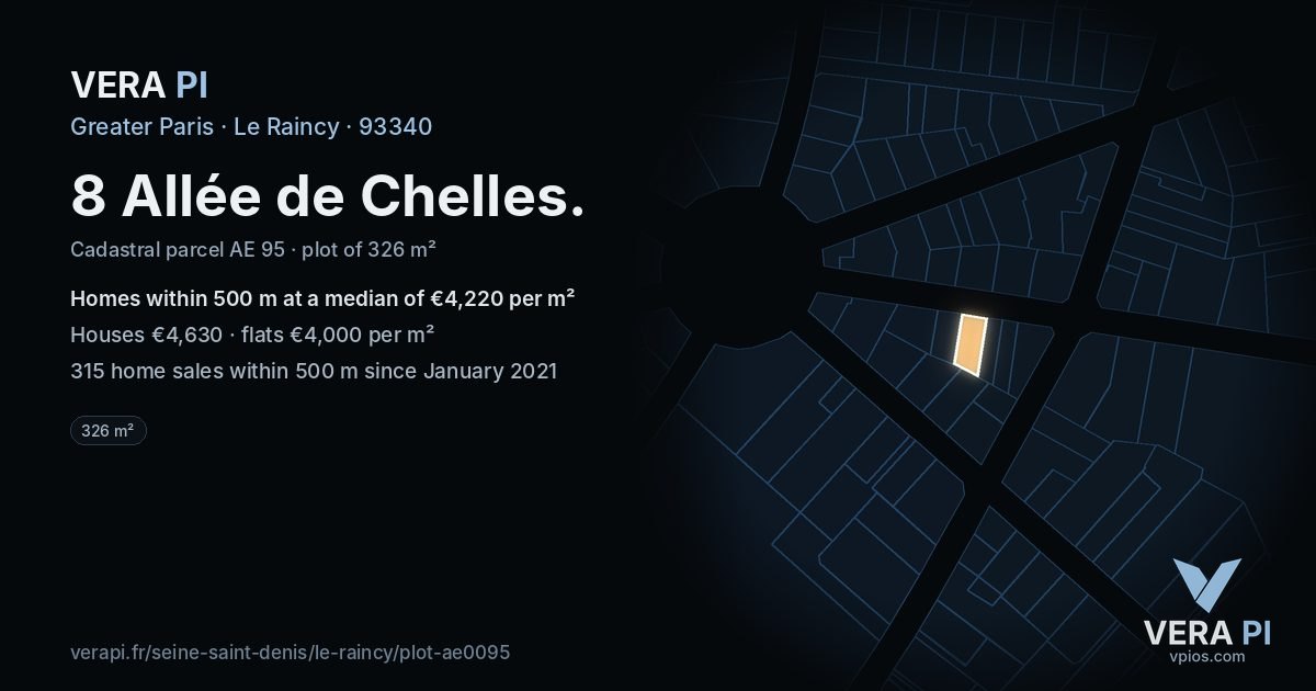8 Allée de Chelles, Le Raincy at night – the plot lit, the parcels around coloured by the prices near them