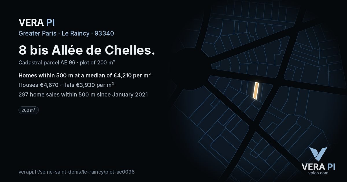 8 bis Allée de Chelles, Le Raincy at night – the plot lit, the parcels around coloured by the prices near them