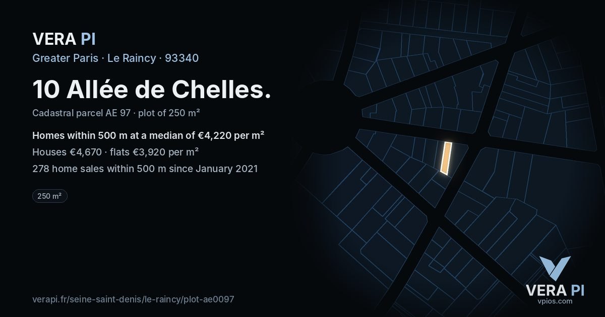 10 Allée de Chelles, Le Raincy at night – the plot lit, the parcels around coloured by the prices near them
