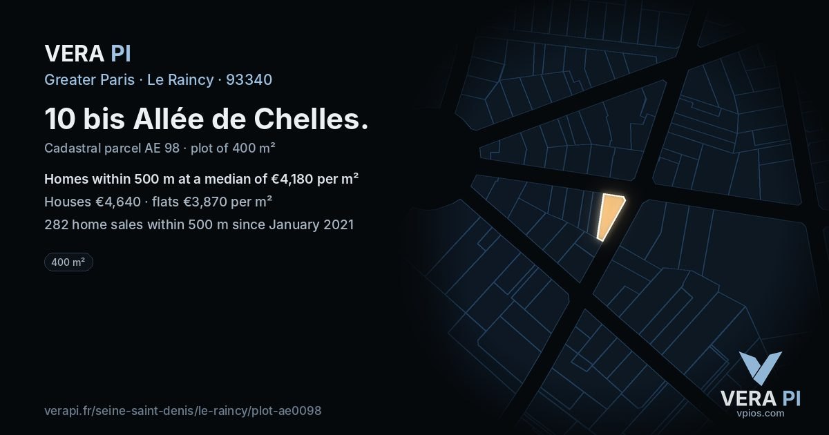 10 bis Allée de Chelles, Le Raincy at night – the plot lit, the parcels around coloured by the prices near them