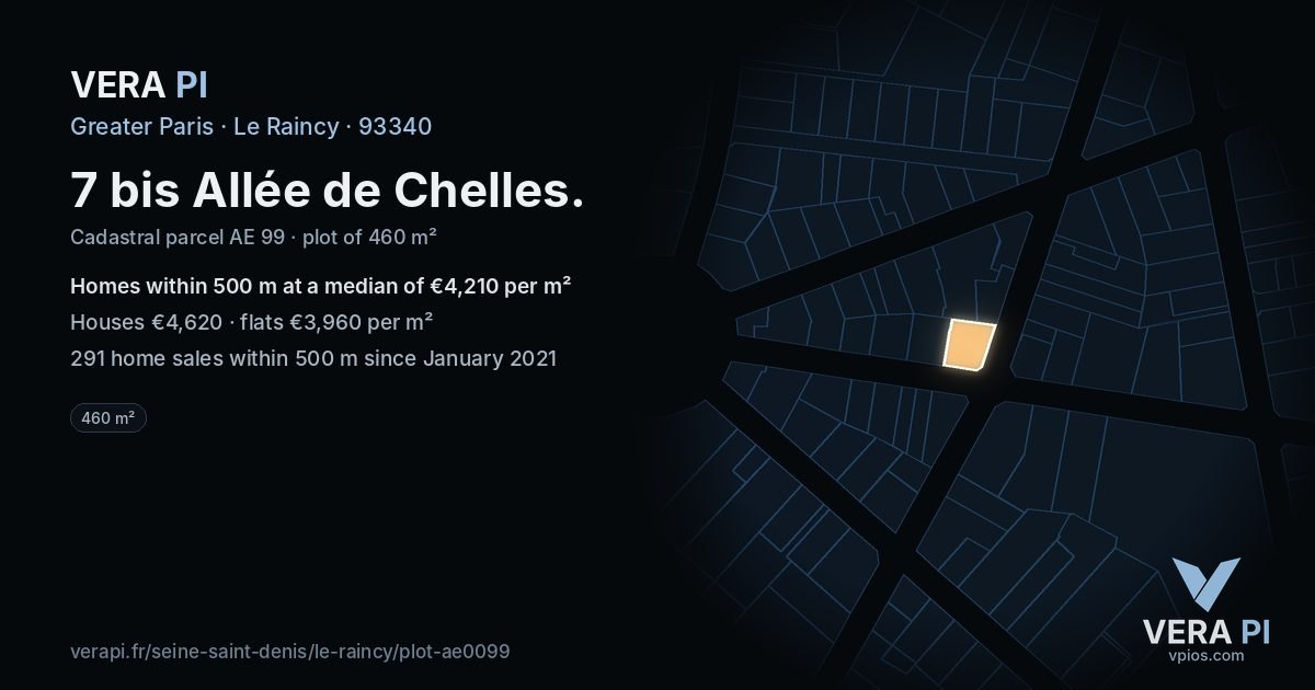 7 bis Allée de Chelles, Le Raincy at night – the plot lit, the parcels around coloured by the prices near them