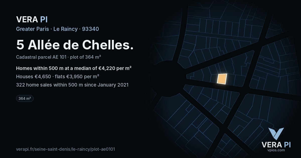 5 Allée de Chelles, Le Raincy at night – the plot lit, the parcels around coloured by the prices near them