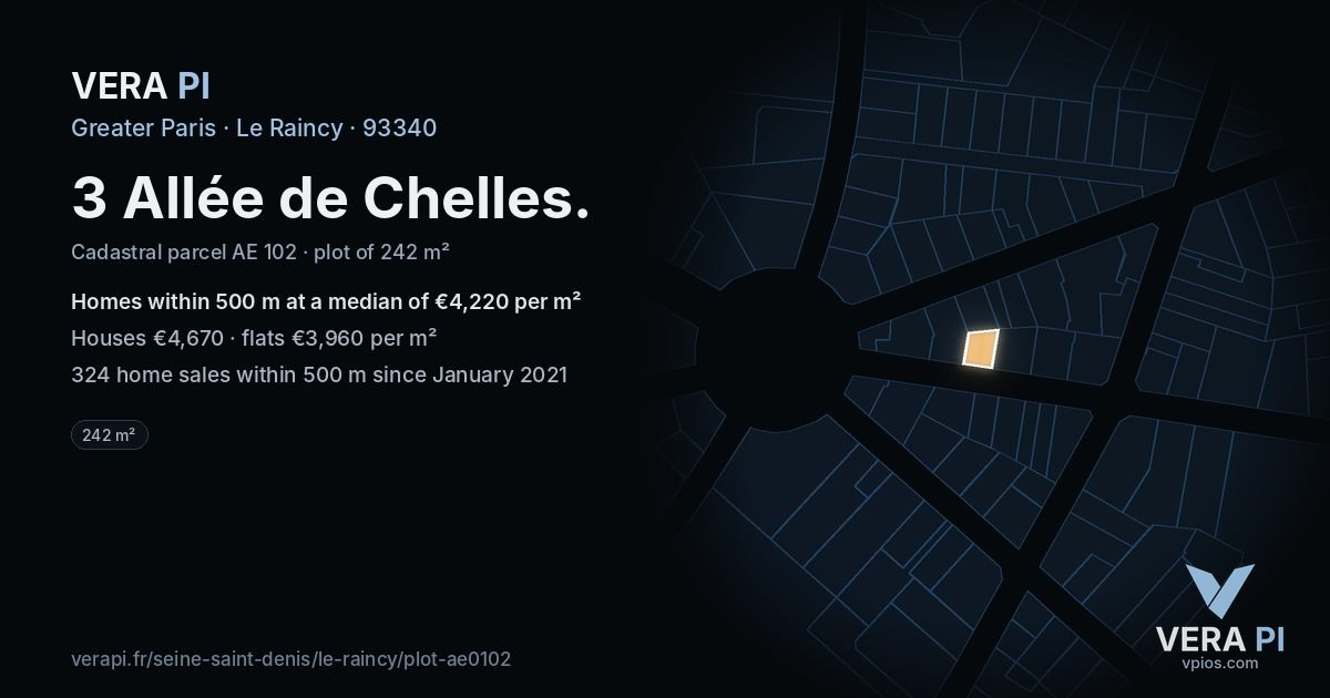 3 Allée de Chelles, Le Raincy at night – the plot lit, the parcels around coloured by the prices near them