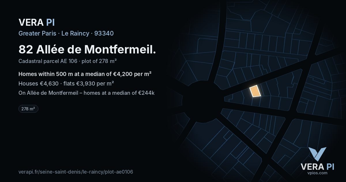82 Allée de Montfermeil, Le Raincy at night – the plot lit, the parcels around coloured by the prices near them