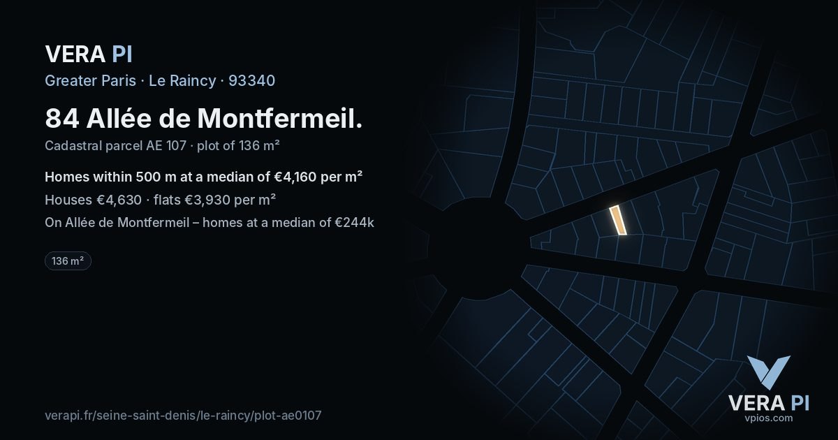 84 Allée de Montfermeil, Le Raincy at night – the plot lit, the parcels around coloured by the prices near them