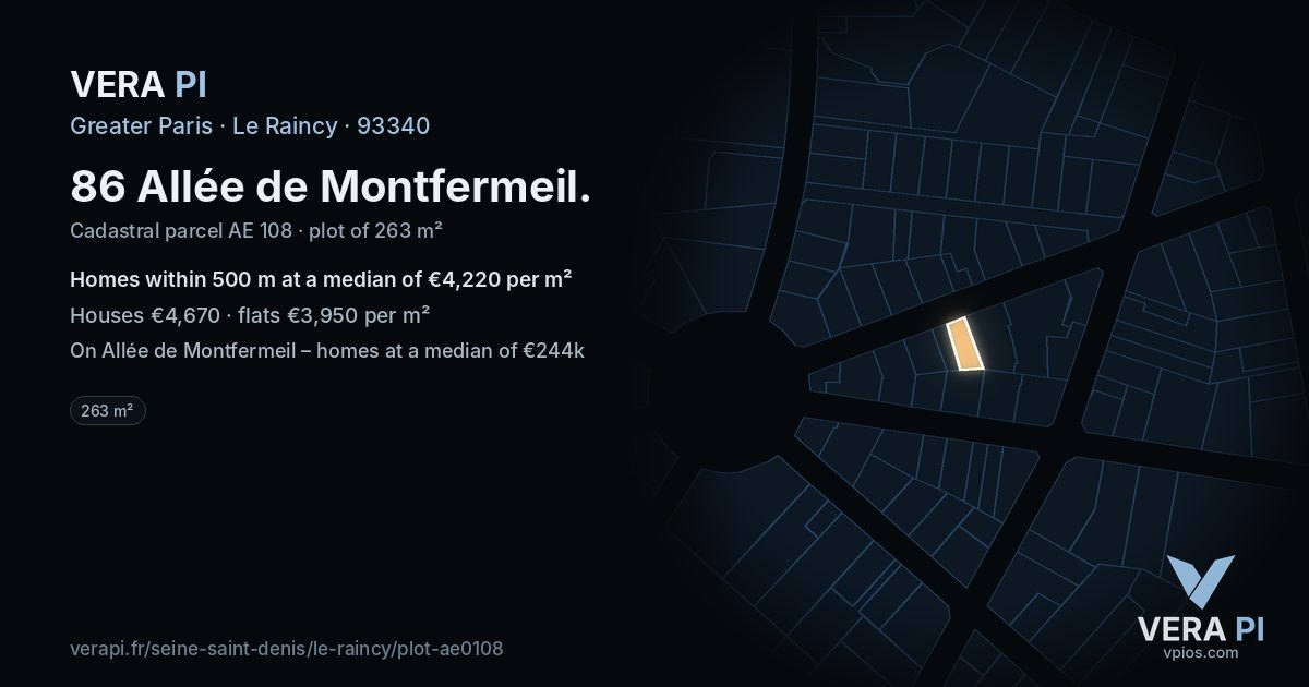 86 Allée de Montfermeil, Le Raincy at night – the plot lit, the parcels around coloured by the prices near them