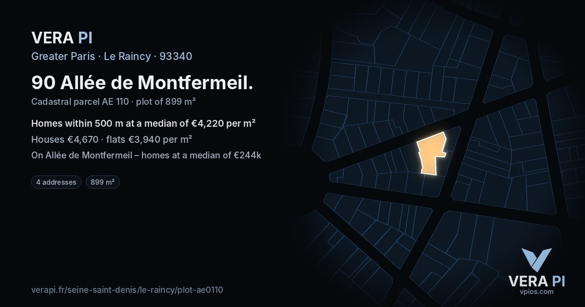 90 Allée de Montfermeil, Le Raincy at night – the plot lit, the parcels around coloured by the prices near them