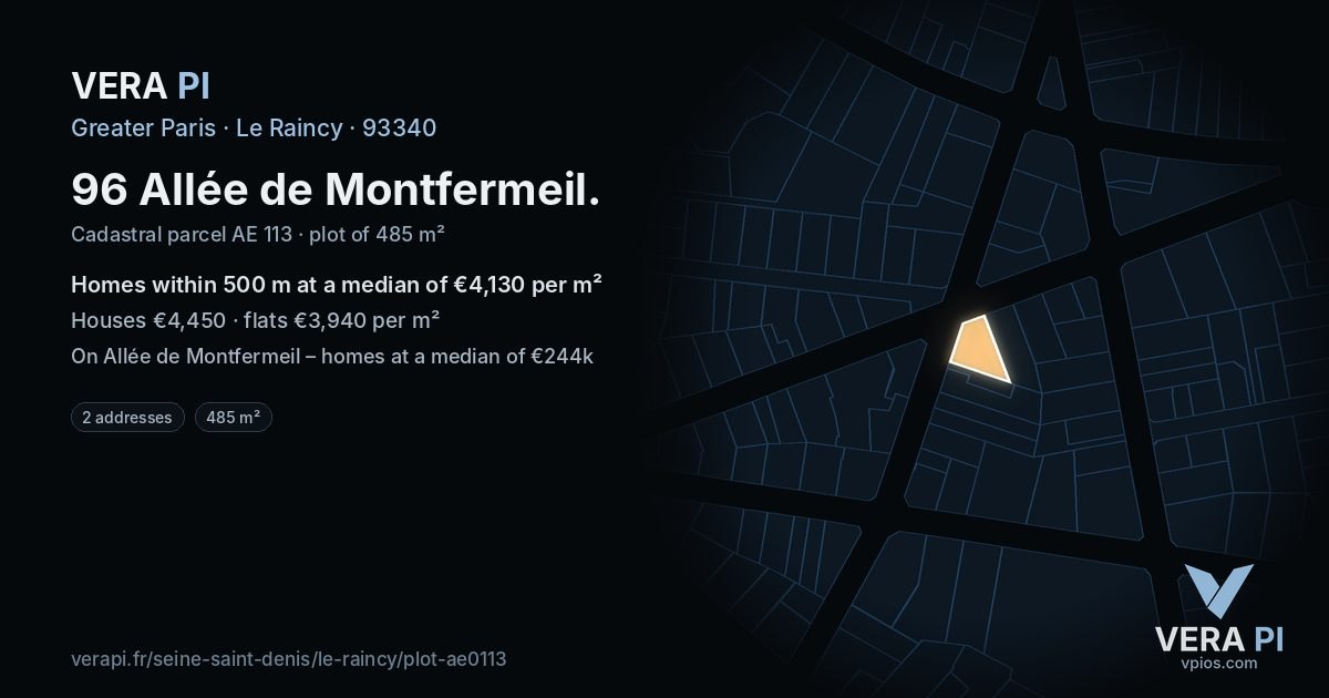 96 Allée de Montfermeil, Le Raincy at night – the plot lit, the parcels around coloured by the prices near them