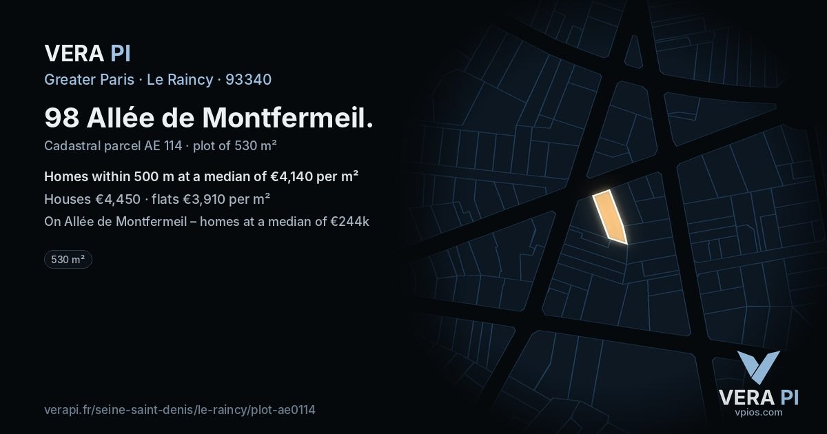 98 Allée de Montfermeil, Le Raincy at night – the plot lit, the parcels around coloured by the prices near them