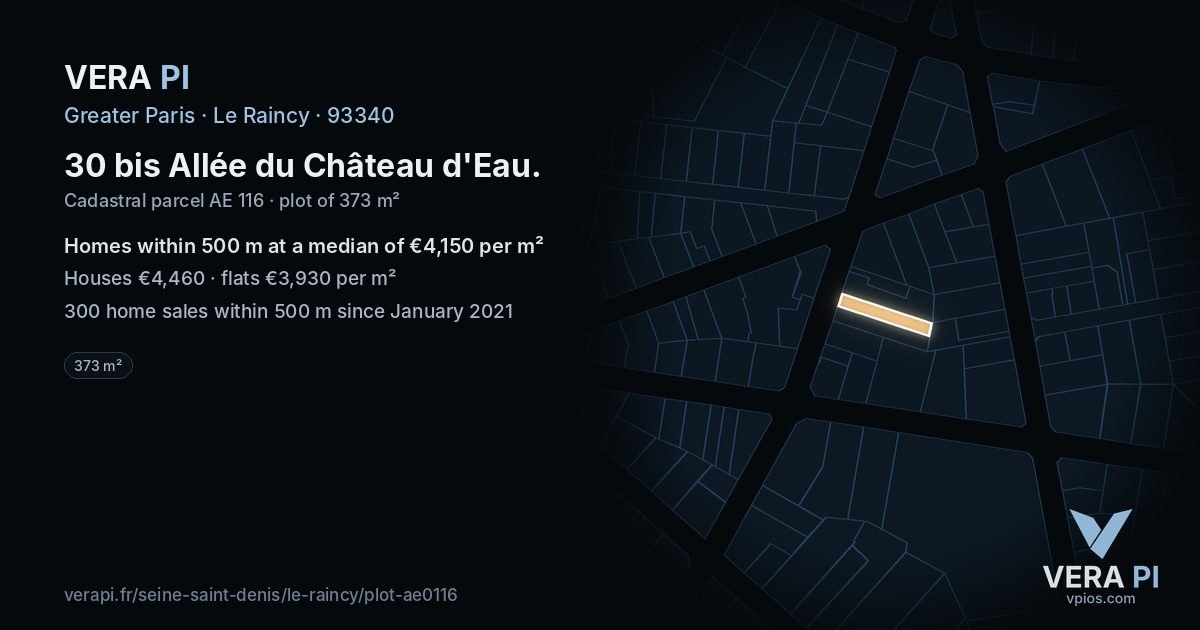 30 bis Allée du Château d'Eau, Le Raincy at night – the plot lit, the parcels around coloured by the prices near them