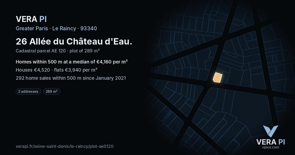 26 Allée du Château d'Eau, Le Raincy at night – the plot lit, the parcels around coloured by the prices near them