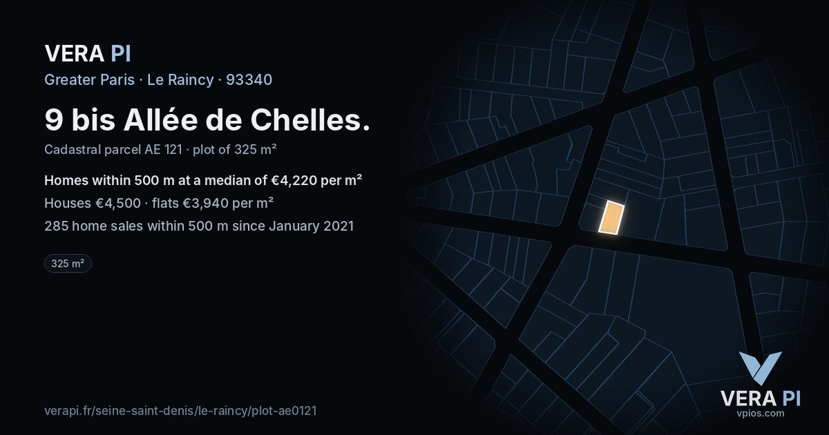 9 bis Allée de Chelles, Le Raincy at night – the plot lit, the parcels around coloured by the prices near them