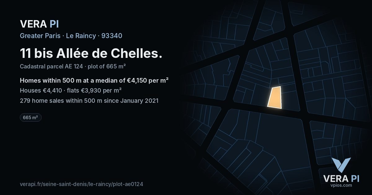 11 bis Allée de Chelles, Le Raincy at night – the plot lit, the parcels around coloured by the prices near them