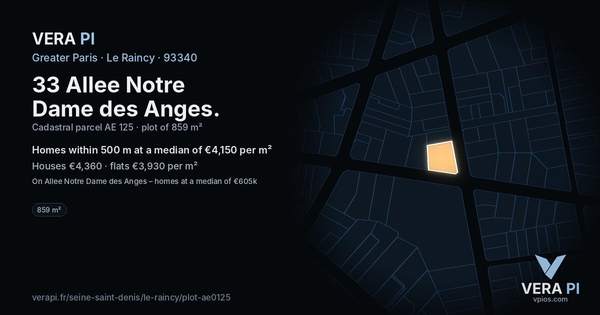 33 Allee Notre Dame des Anges, Le Raincy at night – the plot lit, the parcels around coloured by the prices near them
