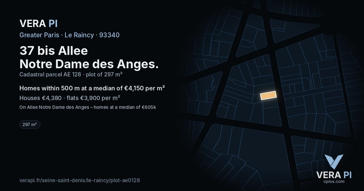 37 bis Allee Notre Dame des Anges, Le Raincy at night – the plot lit, the parcels around coloured by the prices near them