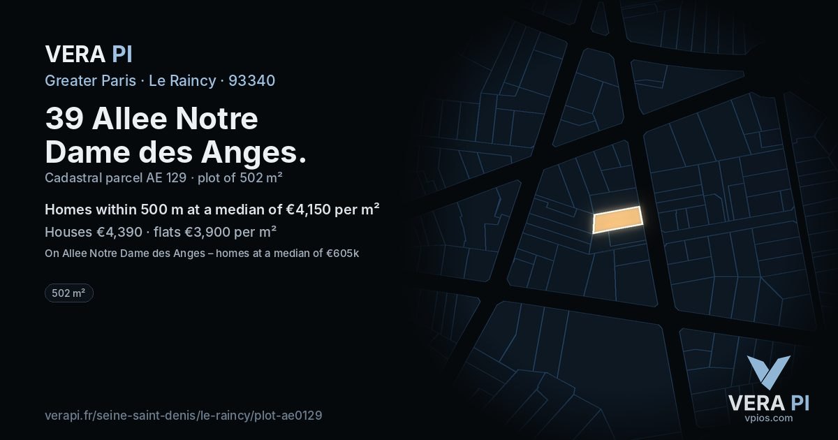 39 Allee Notre Dame des Anges, Le Raincy at night – the plot lit, the parcels around coloured by the prices near them