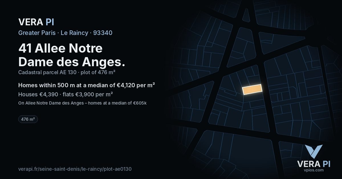 41 Allee Notre Dame des Anges, Le Raincy at night – the plot lit, the parcels around coloured by the prices near them