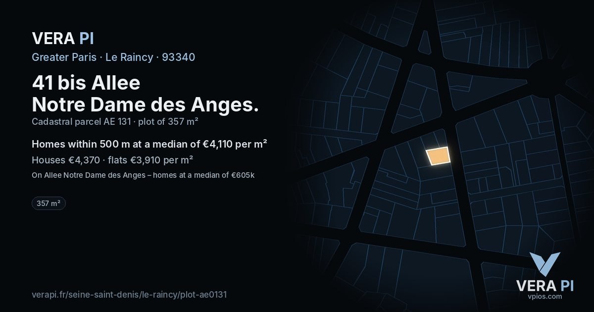 41 bis Allee Notre Dame des Anges, Le Raincy at night – the plot lit, the parcels around coloured by the prices near them