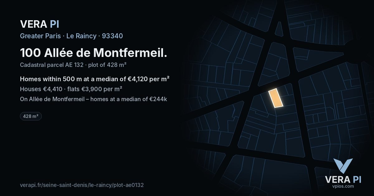 100 Allée de Montfermeil, Le Raincy at night – the plot lit, the parcels around coloured by the prices near them