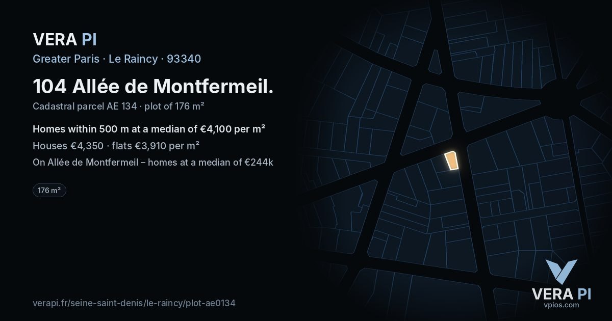 104 Allée de Montfermeil, Le Raincy at night – the plot lit, the parcels around coloured by the prices near them