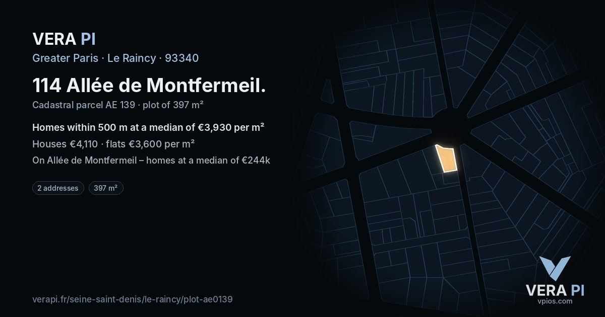 114 Allée de Montfermeil, Le Raincy at night – the plot lit, the parcels around coloured by the prices near them