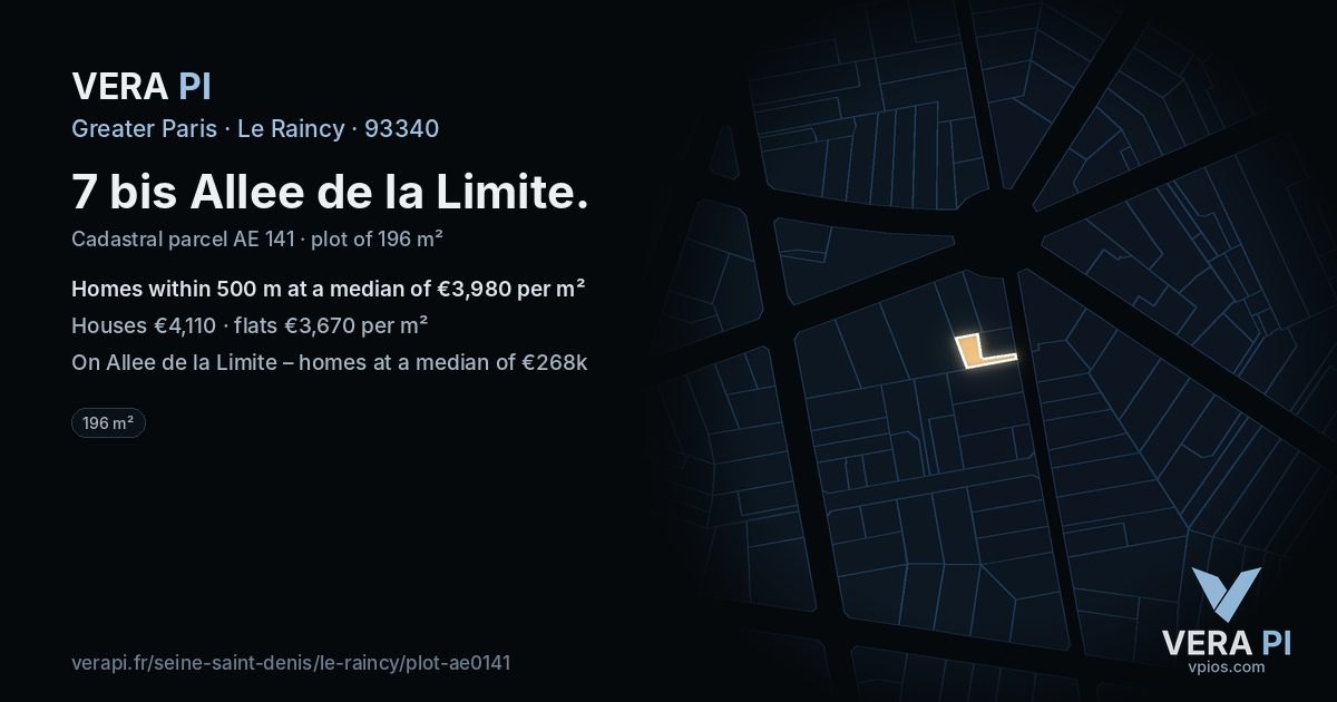 7 bis Allee de la Limite, Le Raincy at night – the plot lit, the parcels around coloured by the prices near them