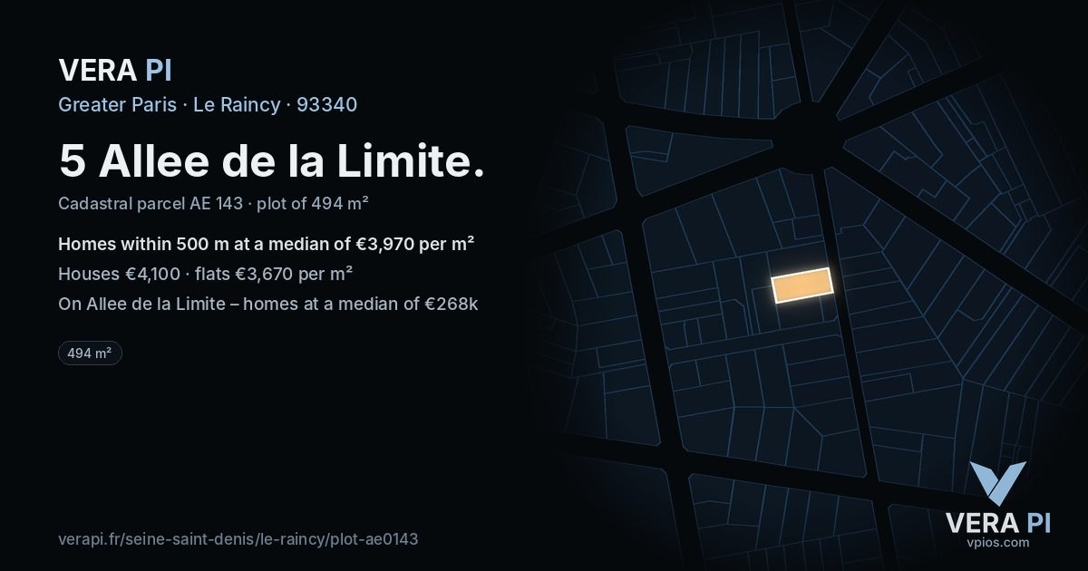 5 Allee de la Limite, Le Raincy at night – the plot lit, the parcels around coloured by the prices near them